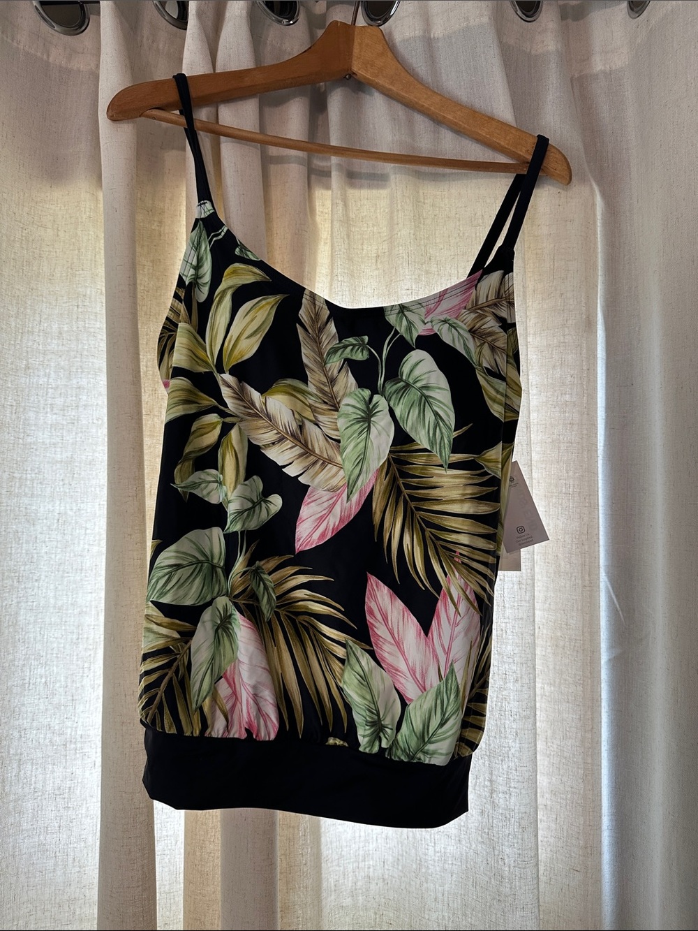 Lands' End Black Tropical Leaf Print Camisole with Green & Pink Accents
